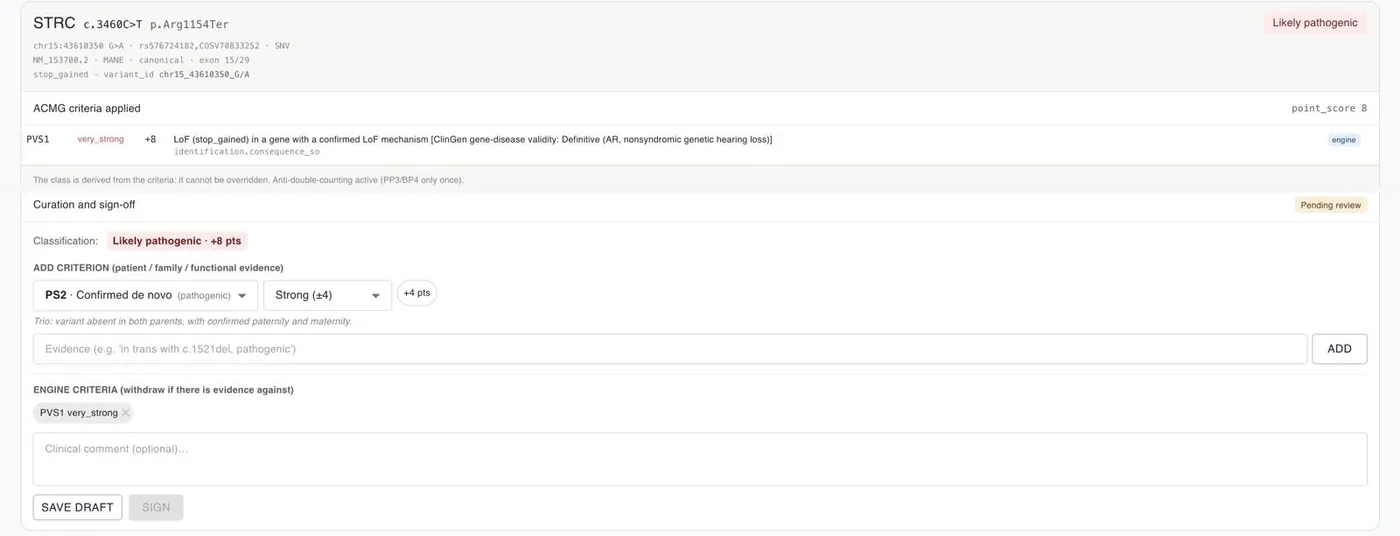 Variant card showing the ACMG criteria applied, and the curation panel where a geneticist adds evidence and signs