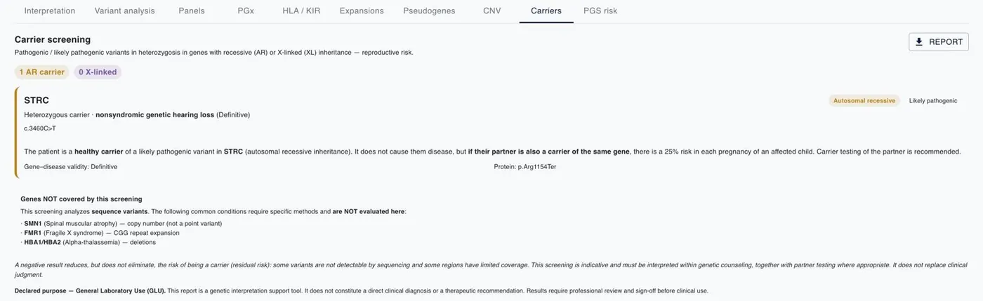Carrier screening tab with the genes the screen does not cover listed explicitly